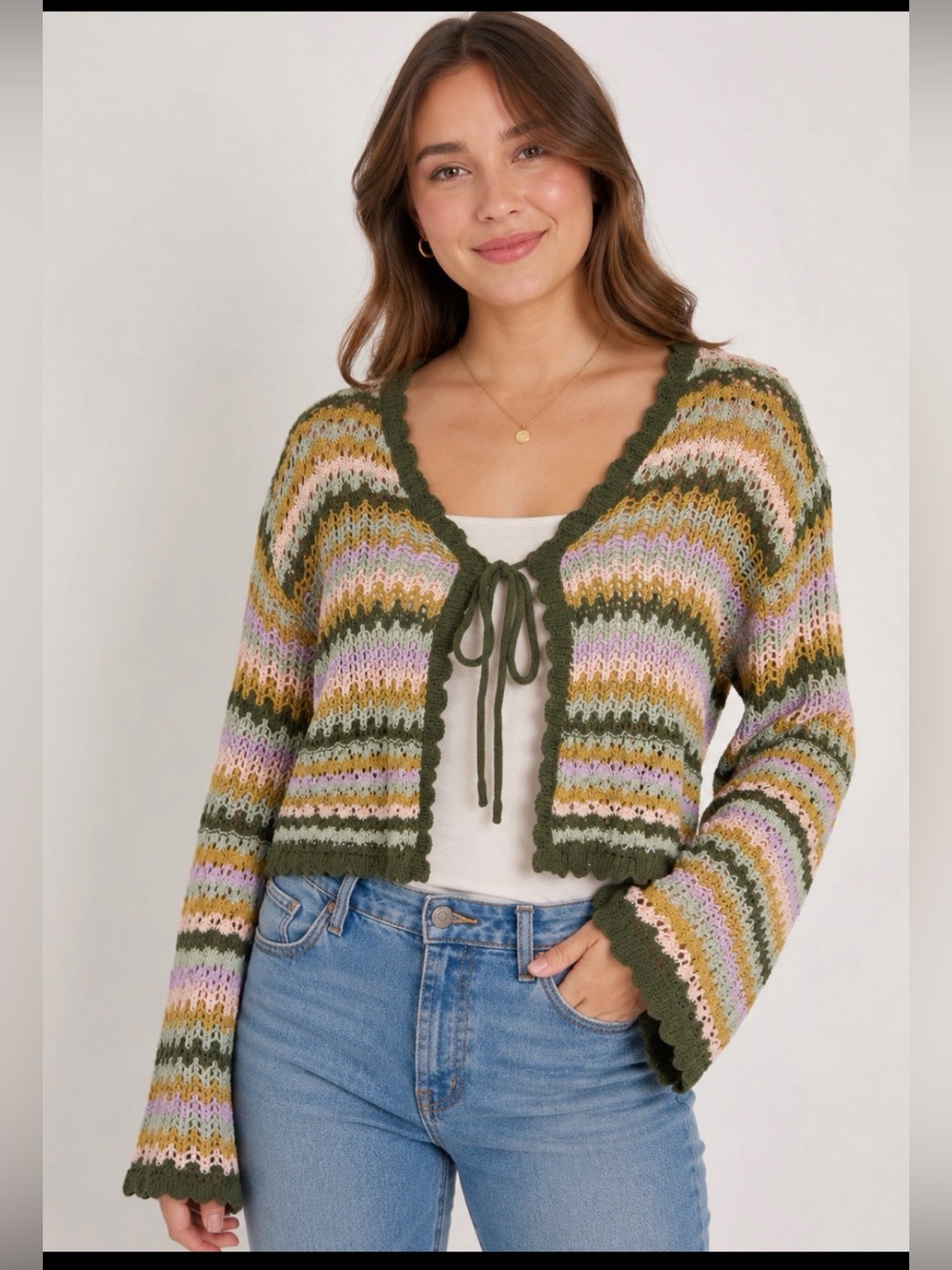 Cider XL Multicolor Crochet Knit Tie-Front Cropped Cardigan Bell Sleeve Boho